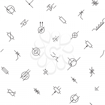 Black and white electronics circuit components symbols seamless wallpaper pattern. Monochrome vector seamless background.