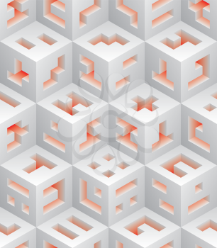 White red cubes isometric seamless pattern. Vector tileable background. Blockchain technology concept.