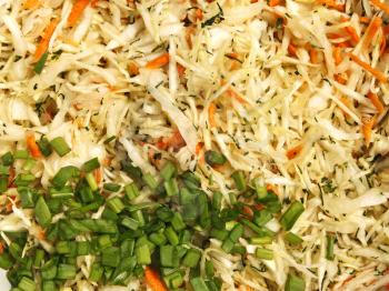 Mixture of various ingredients for preparing a salad with finely chopped cabbage, carrots, dill and green onions close-up