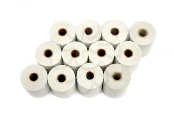 Group of paper rolls for thermal printers and cash registers isolated over white background