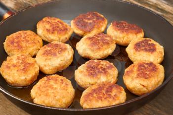 Group of fried meat cutlets on a pan close up
