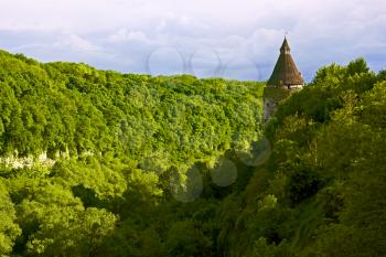 Green steep slope near the Smotrych River in the city Kamianets-Podilsky, Ukraine. Medieval fortifications on the rocks