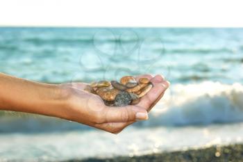 Colorful marine wet pebbles in a female hand on a background of the sea with the waves