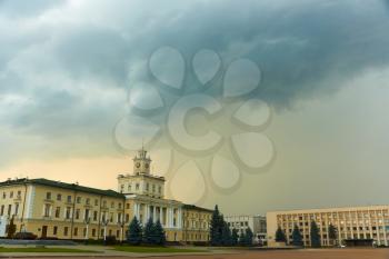 Storm clouds over the administrative buildings. Downtown in Khmelnitsky, Ukraine