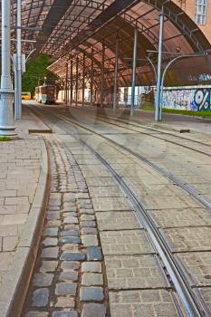 Tram station with a canopy in downtown of Lviv, Ukraine