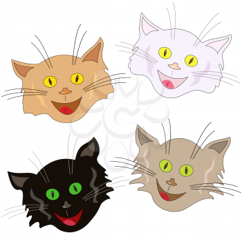 Set of four funny cheerful cat faces as masks isolated on a white background, cartoon vector illustration