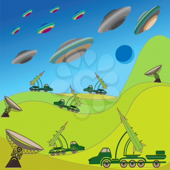 Flying plates of aliens are attacking the Earth. Military rocket unit keeps the defense. Hand drawing vector illustration
