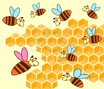 Bee queen and bees flying over honeycomb, hand drawing cartoon vector illustration