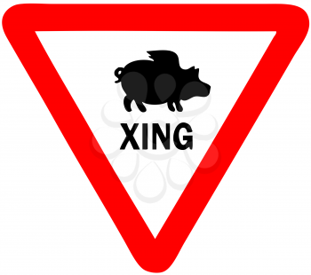Royalty Free Clipart Image of a Flying Pig Crossing Sign