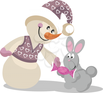 Royalty Free Clipart Image of a Snoman Giving a Present