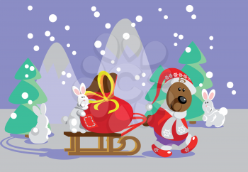 Vector.Forest Santa Claus- Bear delivers gift for animals 22