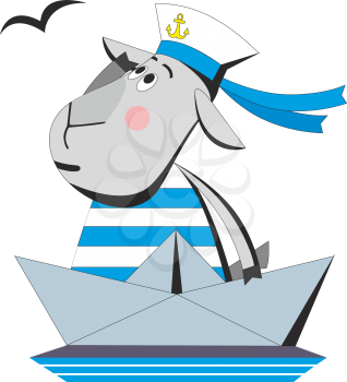Cartoon goat sailor in ship isolated on white background, vector illustration 04