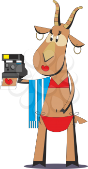Cartoon goat in bathing suit making selfie on photo camera isolated on white background, vector illustration 05