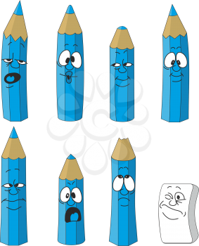 Vector. Cartoon emotional blue pencils set color 16