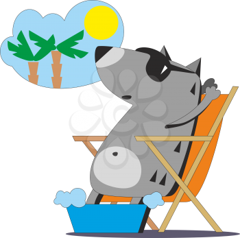 Cartoon wolf in sunglasses sitting on deckchair and dreaming about summer vacation isolated on white background, vector illustration 04
