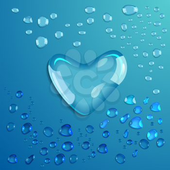Waterdrop on blue background. Heart. Valentine. Vector illustration