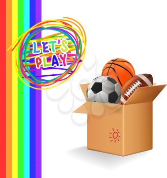 Box with sports balls isolated. Vector illustration