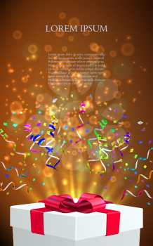 Open gift with fireworks from confetti. vector background