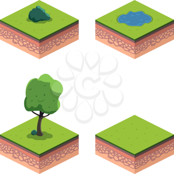Abstract Colorful Tree, isometric ground, lake, bush. Vector illustration