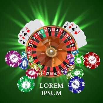 Casino Roulette Playing Cards witn Falling Chips. Vector illustration