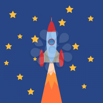 Cartoon Rocket on  blue background with stars. Vector illustration