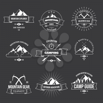 Camping mountain adventure hiking explorer equipment labels set isolated vector illustration