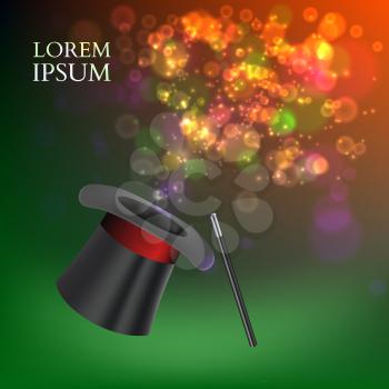 Magician Top Hat and stick with magic particles. Vector illustration