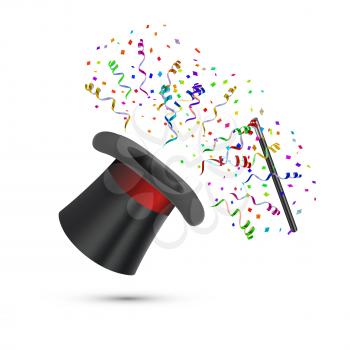 Magician Top Hat and stick with confetti. Vector illustration