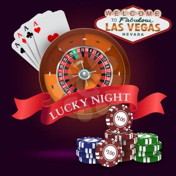 Casino. Roulette with Red Ribbon Lucky night. Vector illustration