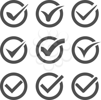 Set of nine different grey and white vector check marks or ticks in circles conceptual of confirmation acceptance positive passed voting agreement true or completion of tasks on a list