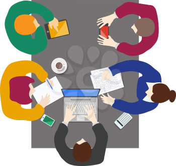 Flat style office workers business management meeting and brainstorming on the table in top view vector illustration