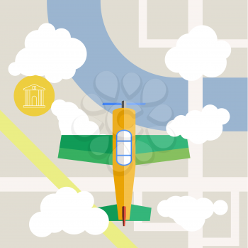 Flat design airplane above city vector illustration