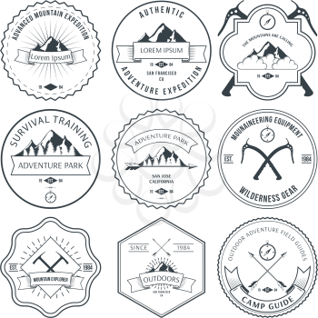 illustrationCamping mountain adventure hiking explorer equipment labels set isolated vector