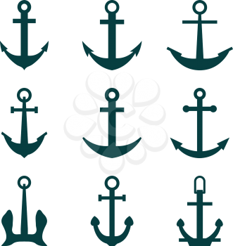 Set of Nine Anchors Silhouette vector illustration