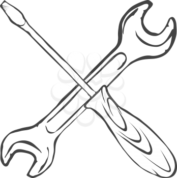 hand draw screwdriver with wrench vector illustration