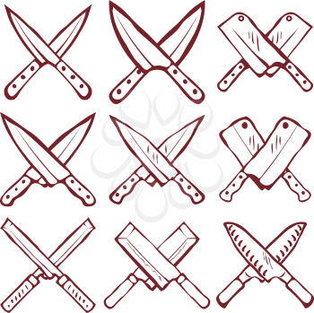 Set of crossed kitchen knives vector illustration
