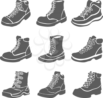 Set of nine different boots illustration isolated on white background vector