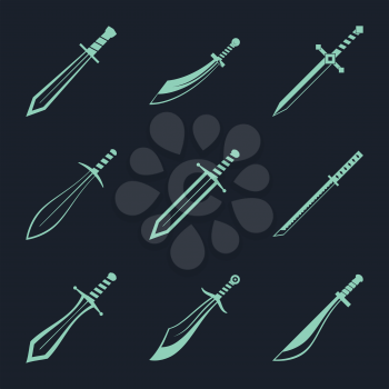 Swords knives daggers sharp blades flat icon set isolated vector illustration