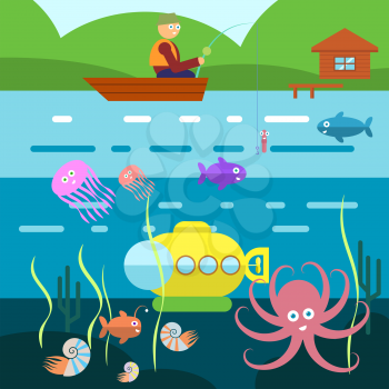 Flat Style Underwater Life with Fisherman on a boat Vector Illustration