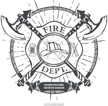 Fire Dept. Label. Helmet with Crossed Axes T-shirt Graphics. Vector Illustration