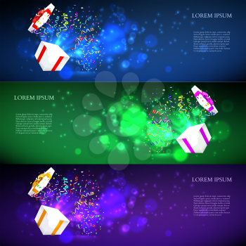 Open gift with fireworks from confetti. vector illustration