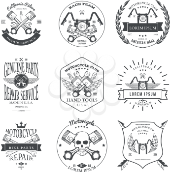 Race Bikers Garage Repair Service Emblems and Motorcycling Clubs Tournament Labels Collection isolated. Vector illustration