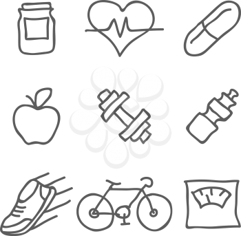 Health and Fitness vector icons. Elements for print, mobile and web applications. Vector Illustration
