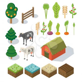 Isometric Farm in village. Elements for game: sprites and tile sets. tree, vegetables, farm building, cow. Vector flat illustrations