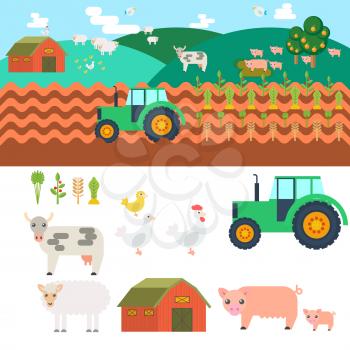 Farm in village. Elements for game: sprites and tile sets. tree, vegetables, farm building, cow. Vector flat illustrations