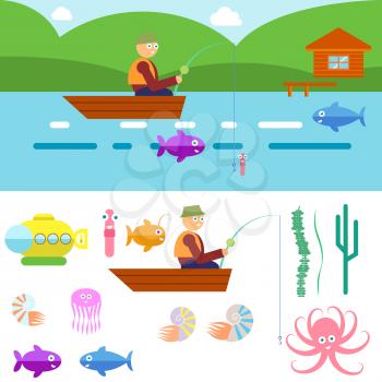Flat Style Underwater Life with Fisherman on a boat Vector illustration