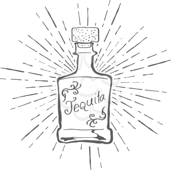 Vintage Tequila Bottle with Sunburst Vector illustration