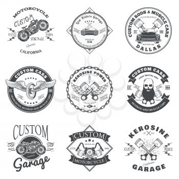 Set of Custom Car and Bike Garage Label and Badge Design Vector illustration