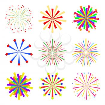 Colorful fireworks set isolated on white background, vector illustration. Holiday and party firework icons