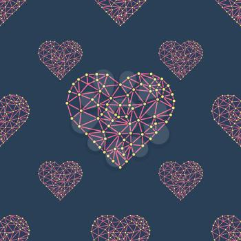 Heart with connected lines and dots. Wireframe mesh polygonal element. Valentines day Seamless Pattern. Vector illustration